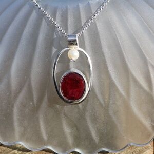 New Handmade Sterling Silver Ruby Pearl Pendant Necklace - July Birthstone